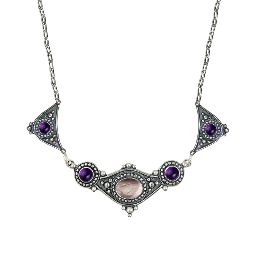 Sterling Silver Romantic Necklace With Rose And Amethyst